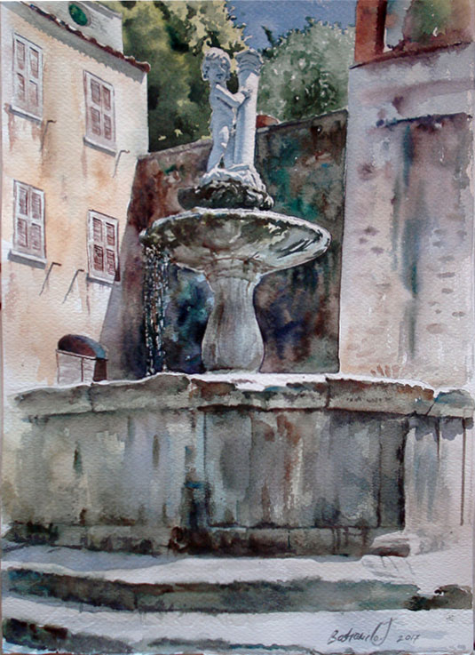 acquerello statua antica fontana