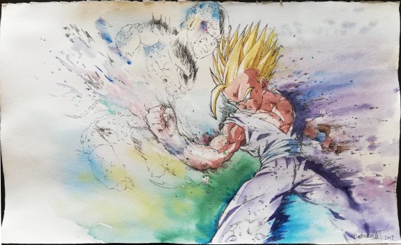 gohan punch cell acquerello manga dragon ball illustrazione